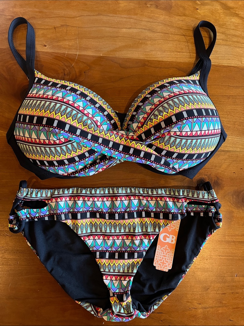 Gianni Bini Aztec Print Bikini with Black Trim 32D & Small bottoms - NEW!
